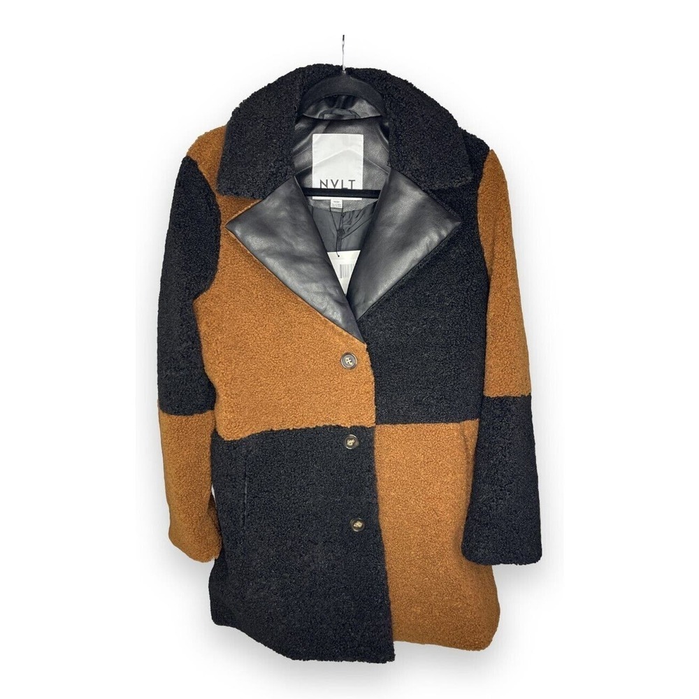 NVLT Teddy Coat Womens Medium Cognac Black NWT Colorblock‎ Faux Leather Lapel